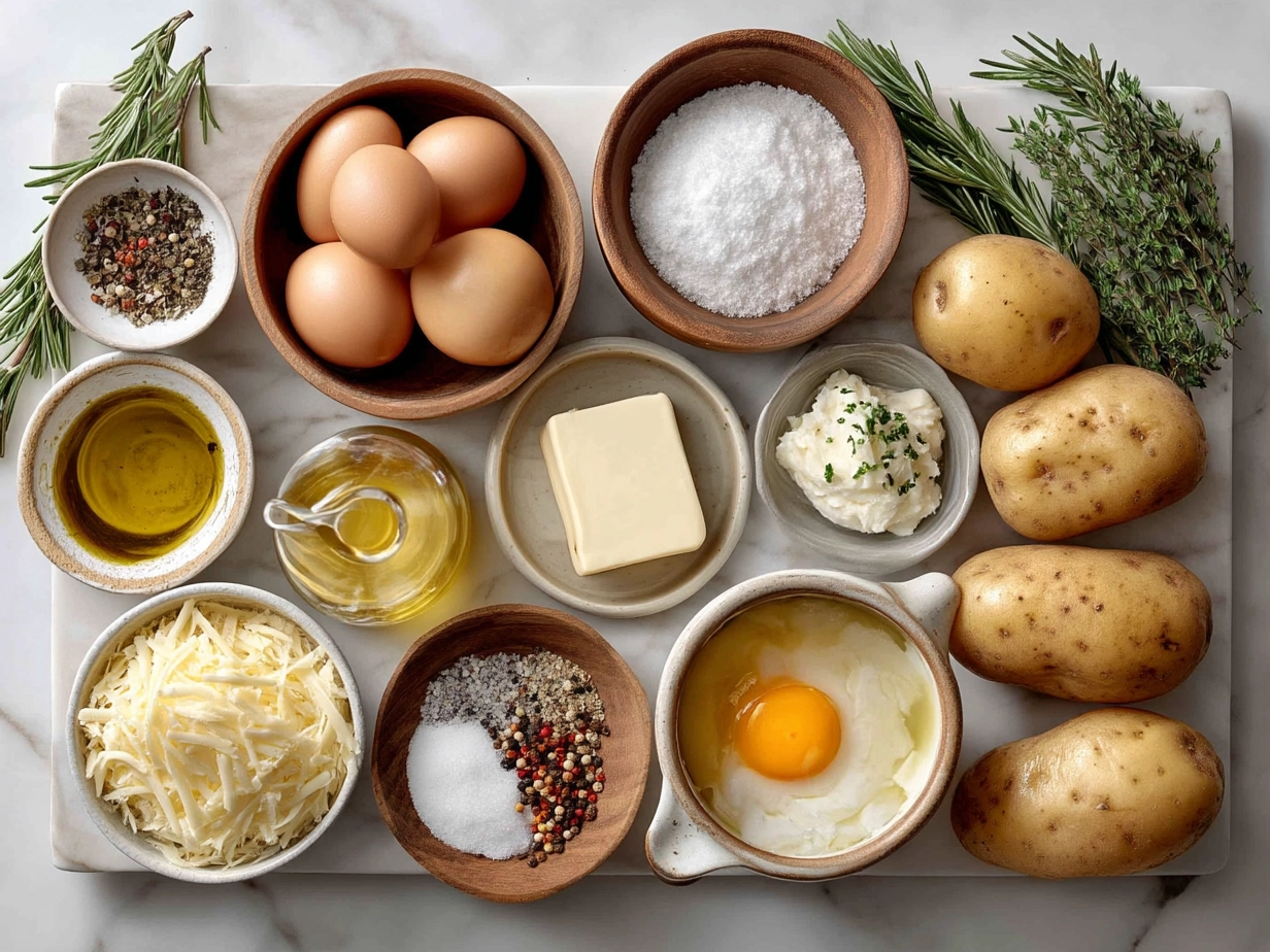 Ingredients for Loaded Potato Soup including potatoes, bacon, onions, garlic, cheese, and broth