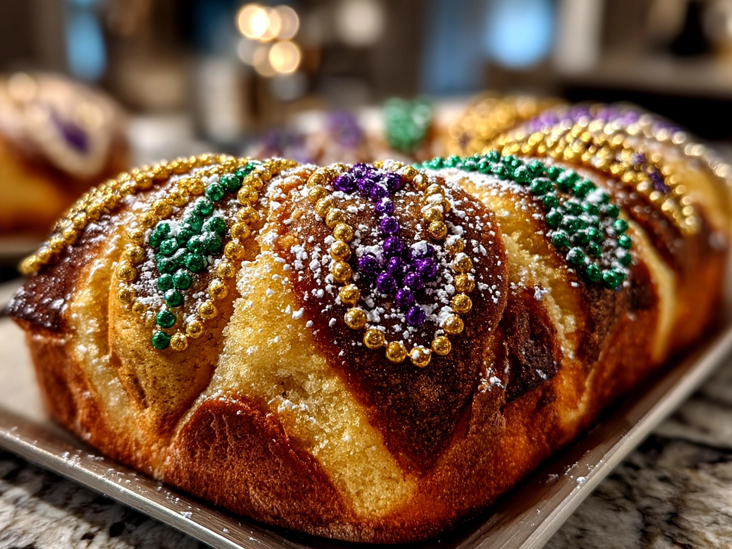 Freshly baked Mardi Gras King Cake decorated with colored sugars in purple, green, and gold
