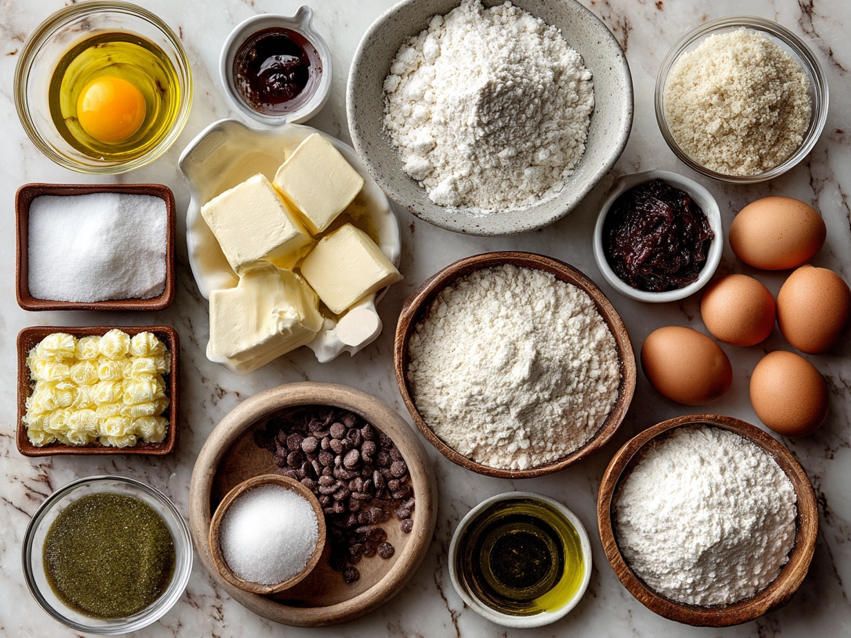 Ingredients for Mardi Gras King Cake laid out on a kitchen table