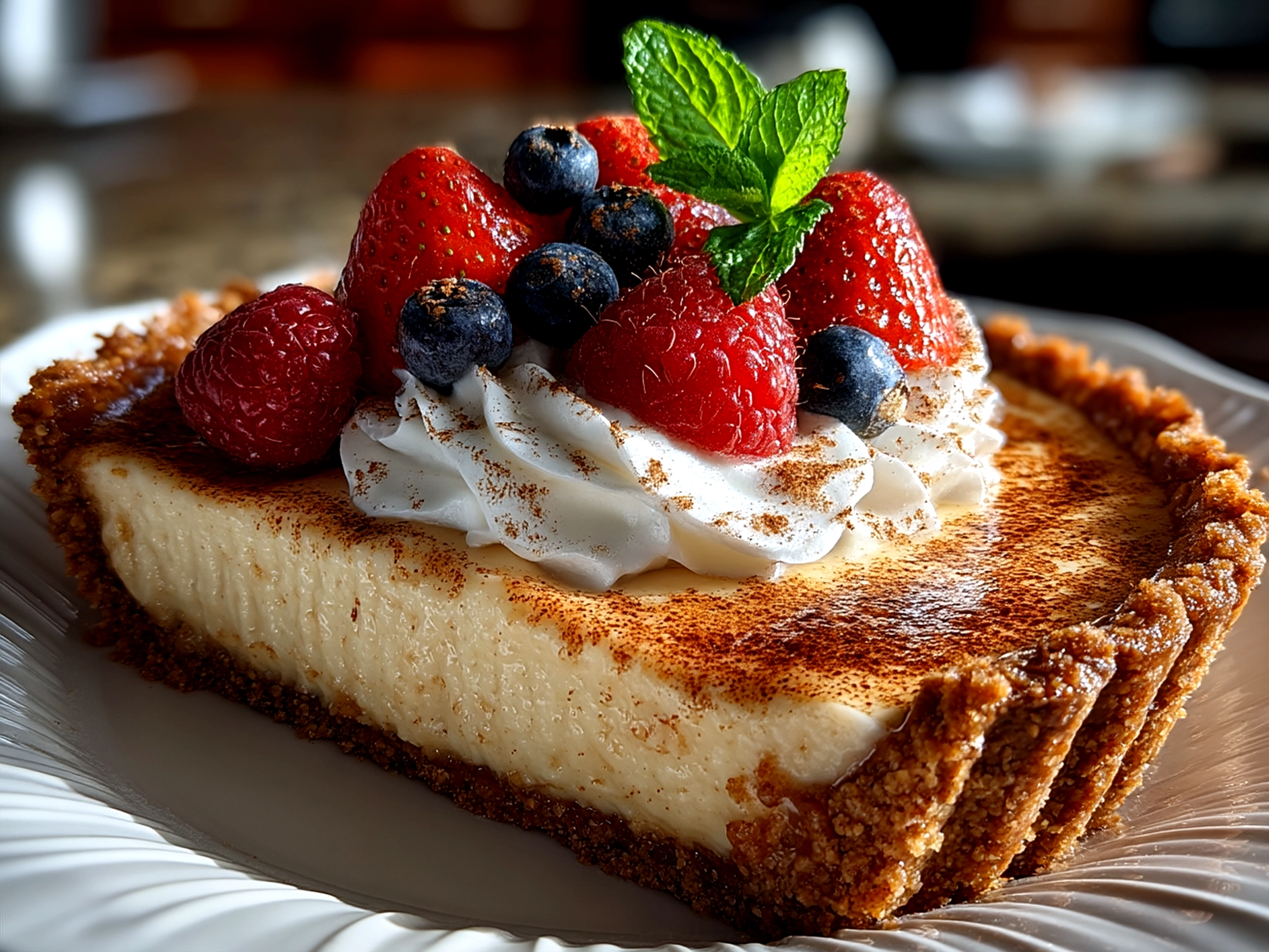 No Bake Eggnog Pie served on a festive table with whipped cream and nutmeg garnish