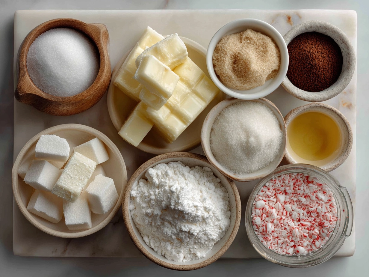 Ingredients for making Peppermint Creams including powdered sugar, butter, cream, peppermint extract, red food coloring, and corn syrup