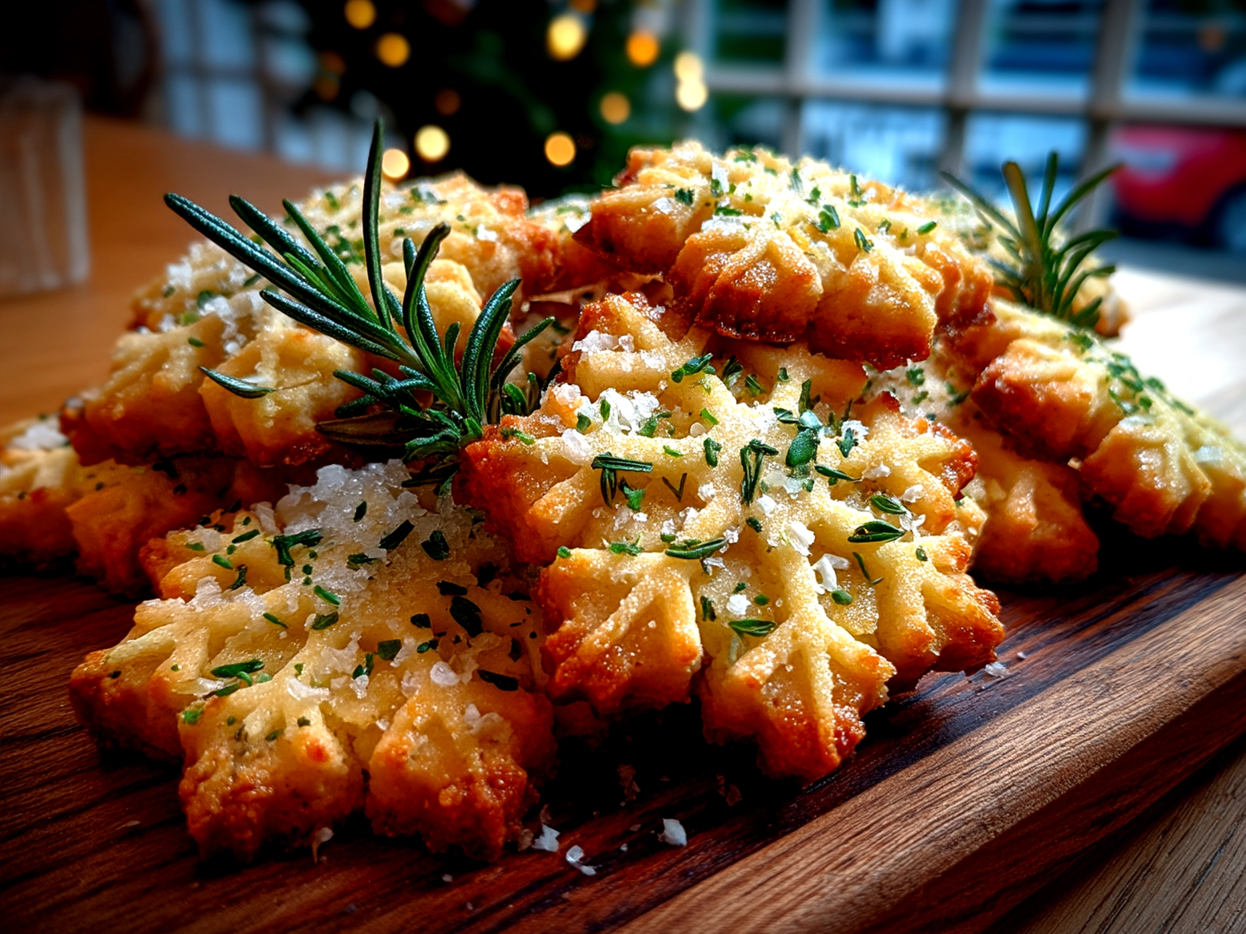Rosemary Parmesan Snowflake Cookies served with fresh fruit and cheese