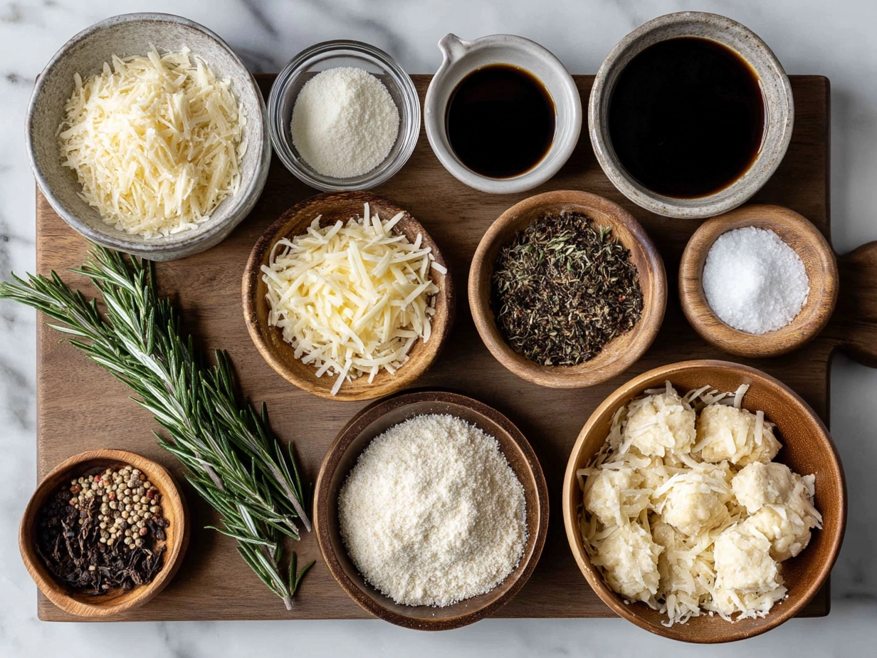 Ingredients for Rosemary Parmesan Snowflake Cookies including flour, butter, parmesan cheese, rosemary and baking powder