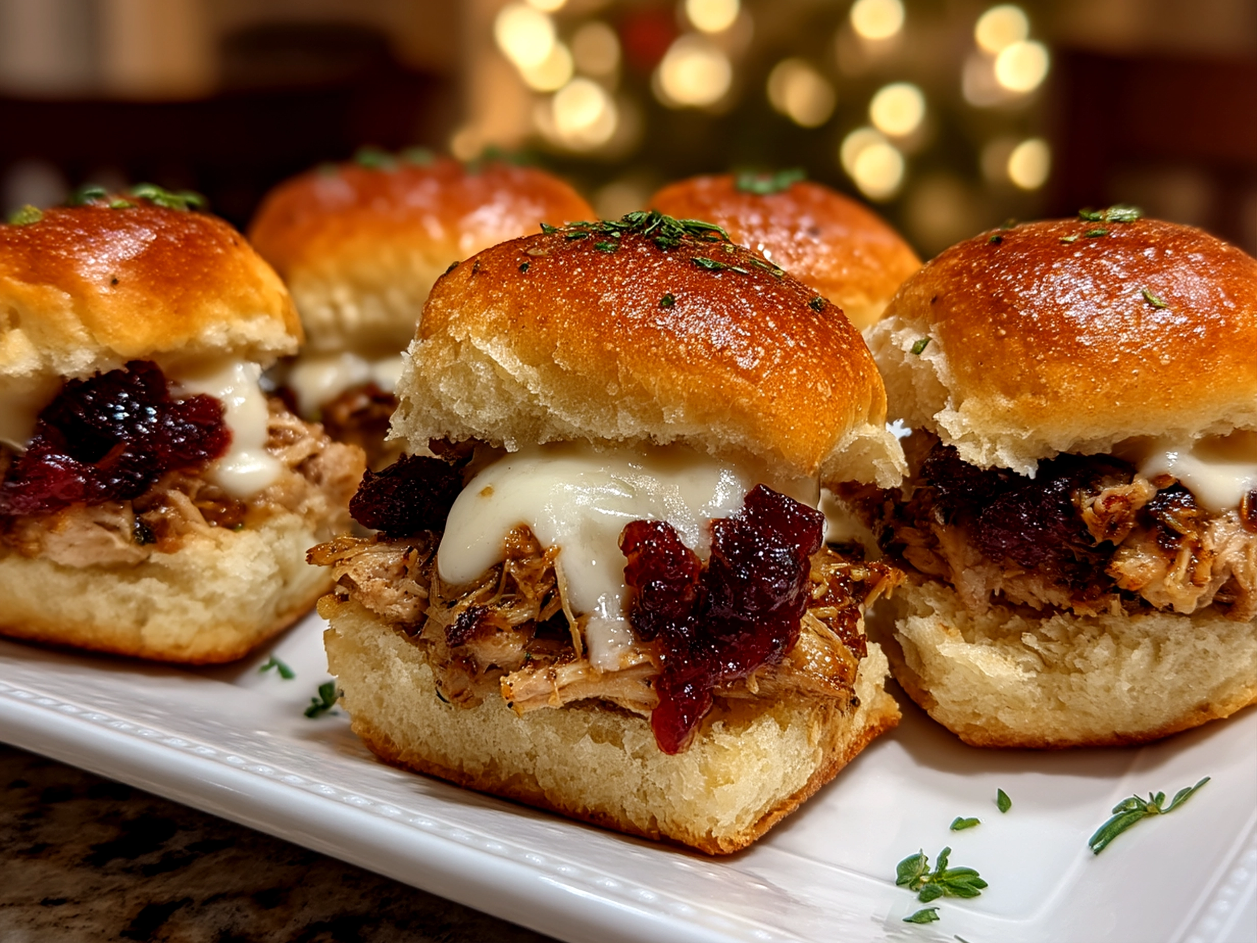 Close-up of comforting cranberry turkey sliders arranged on a serving platter