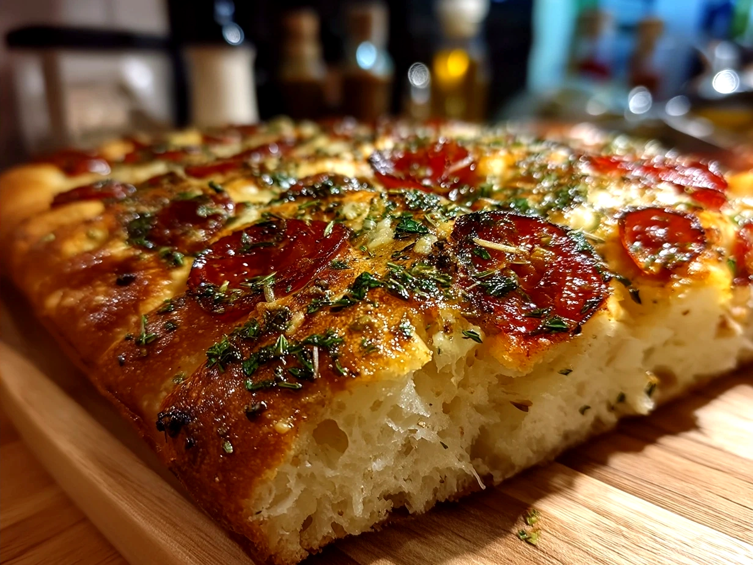 Serving sourdough discard focaccia pizza with salad on the side