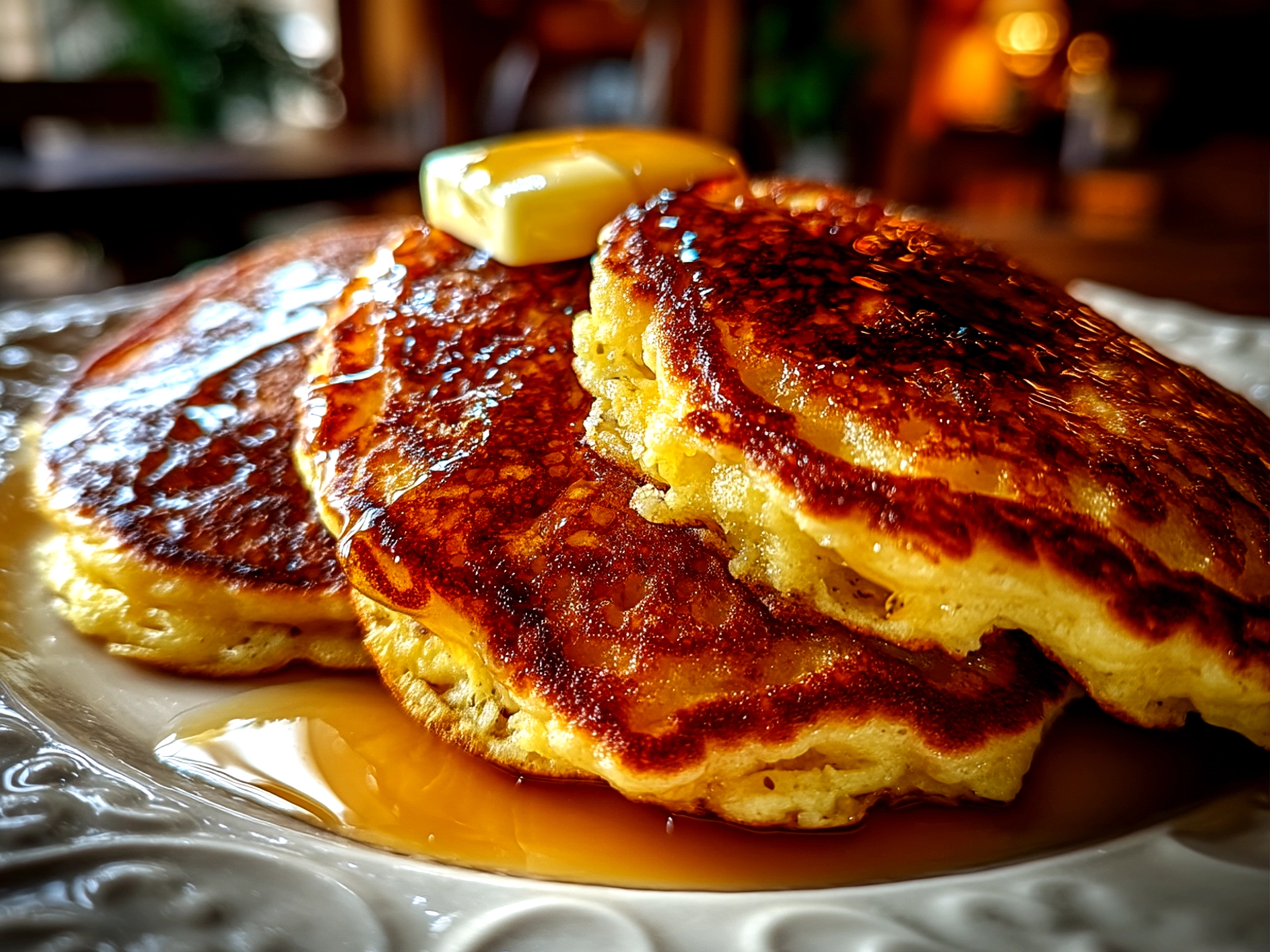 Stack of sourdough discard pancakes served with butter and syrup