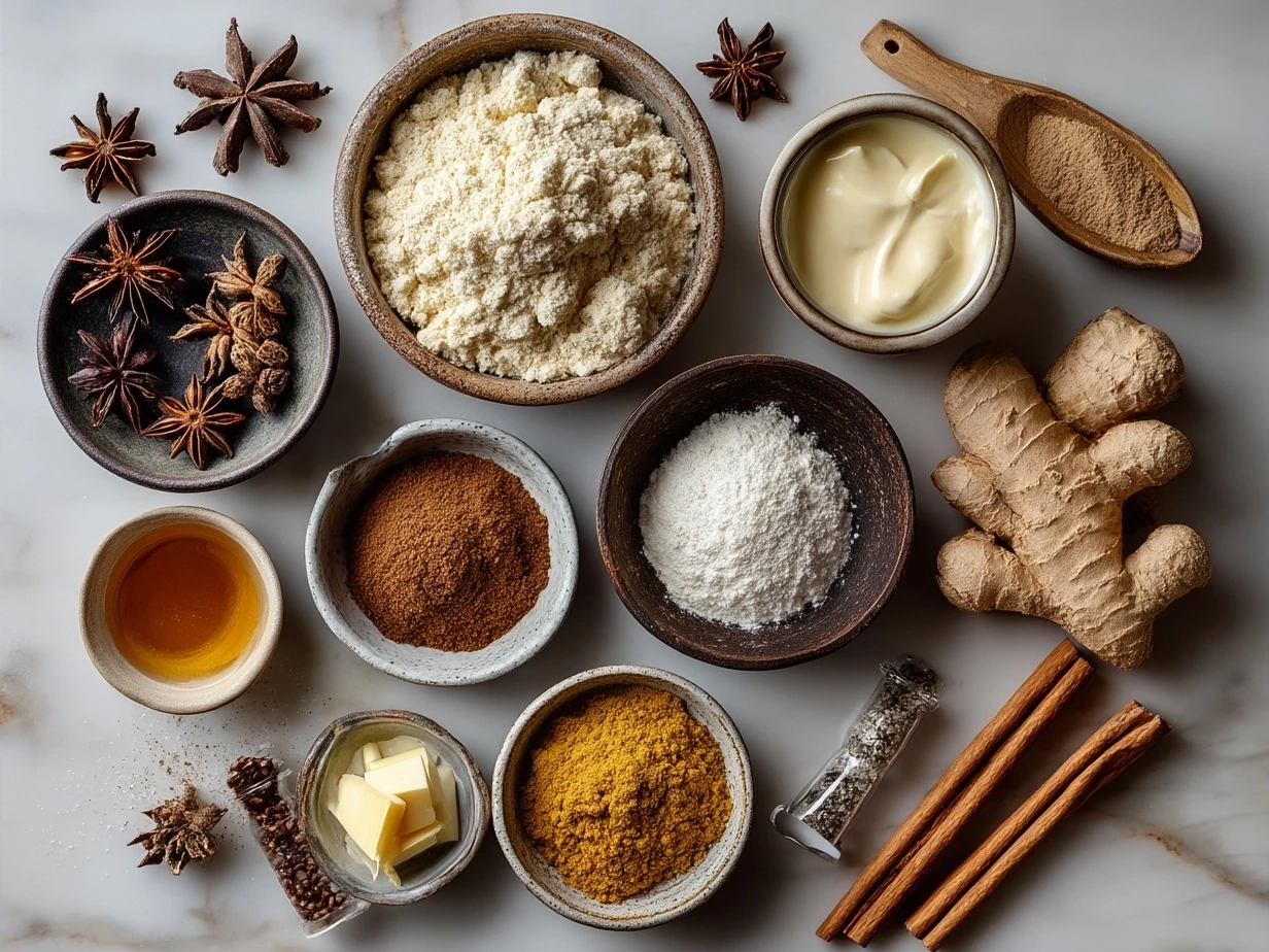 Ingredients for spiced gingerbread brownies laid out on a kitchen counter
