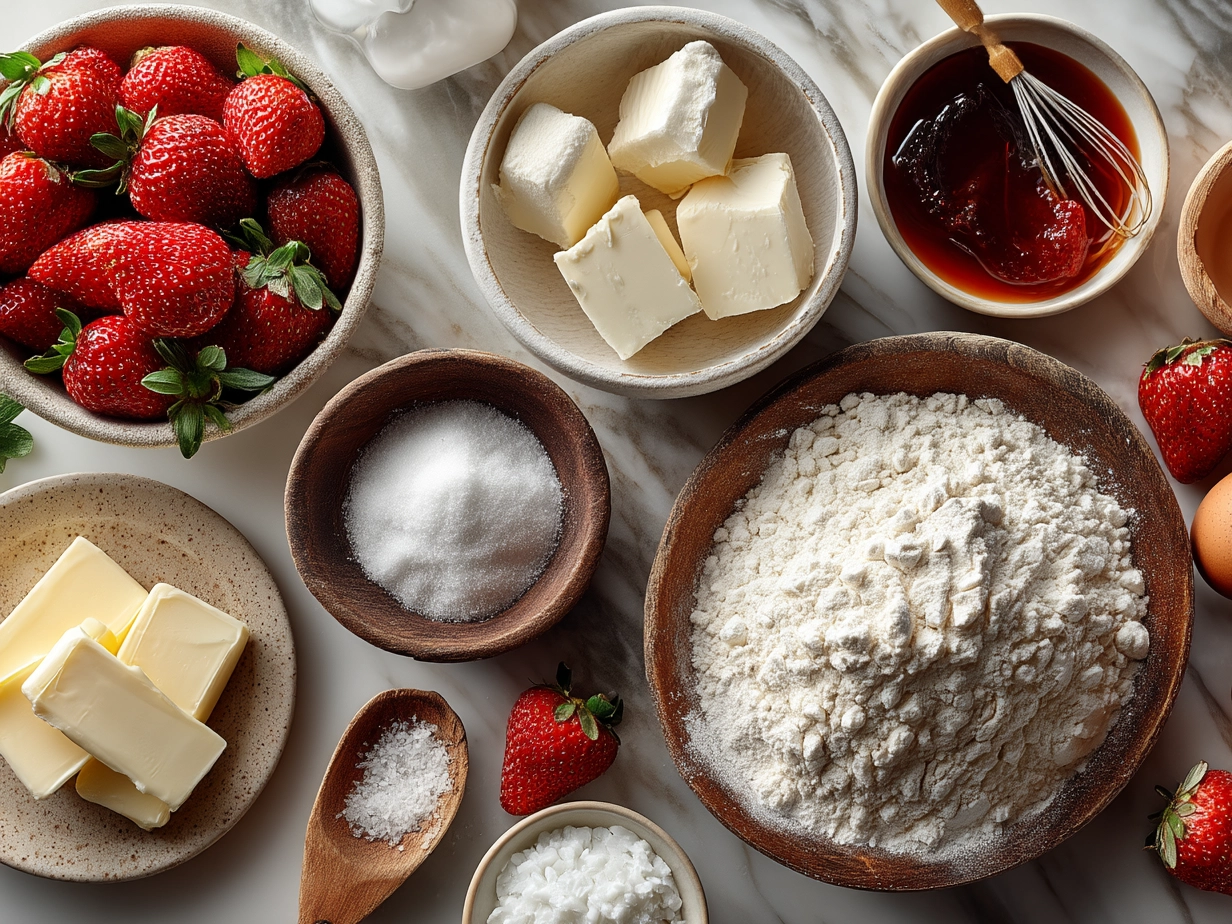 Ingredients for Strawberry Cake Mix Cookies laid out including strawberry cake mix, eggs, oil, white chocolate chips, and vanilla extract