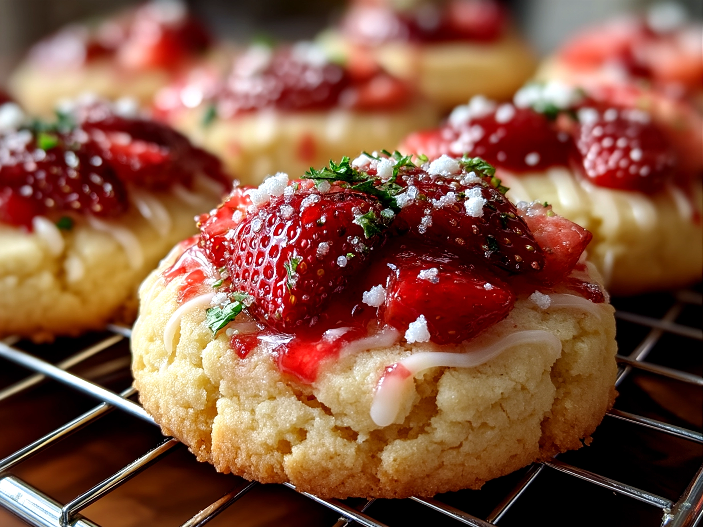 Freshly baked strawberry sugar cookies served with a glass of milk