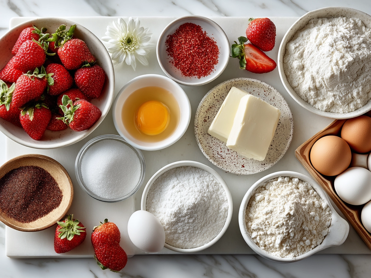 Ingredients for making strawberry sugar cookies including flour, butter, sugar, eggs, baking soda, and fresh strawberries
