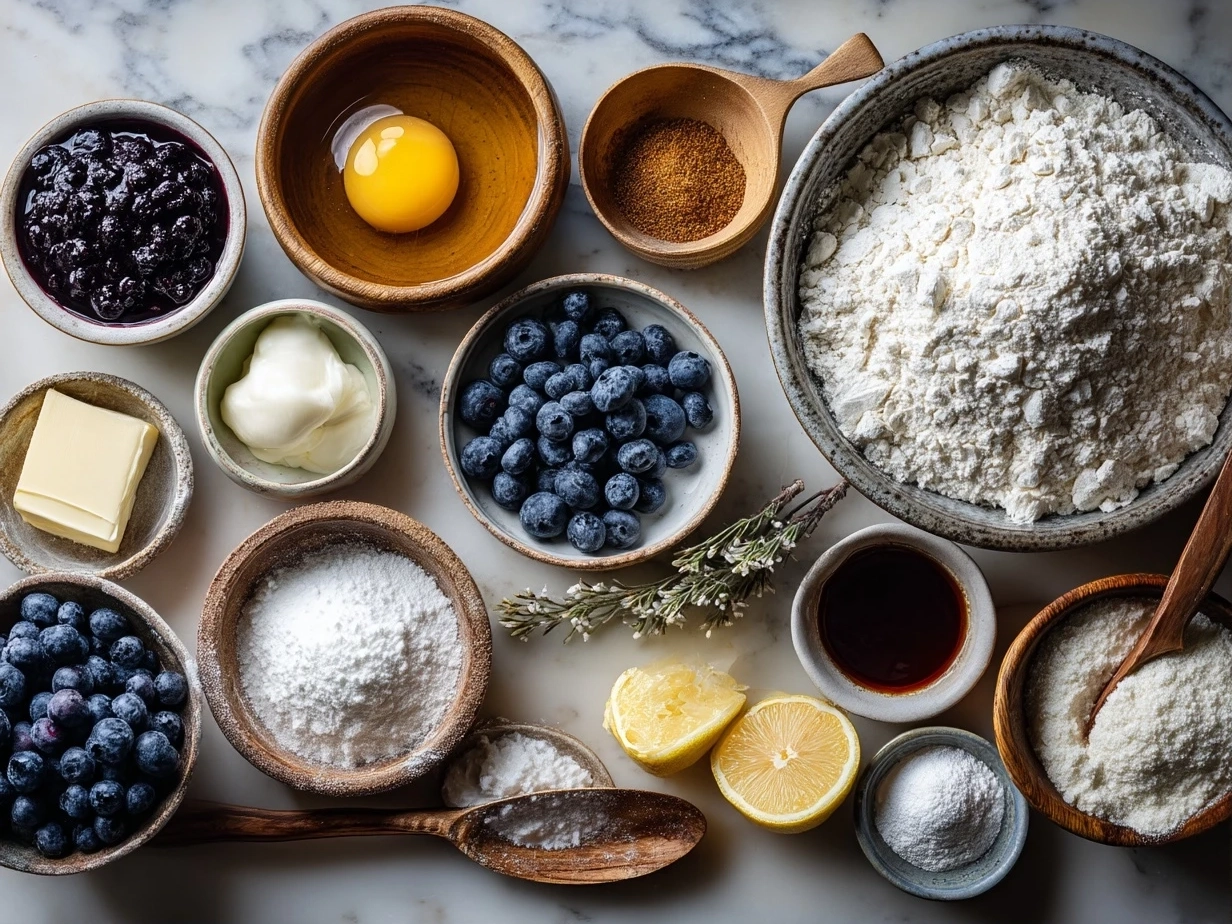 Raw ingredients for Blueberry Lemon Sourdough Sweet Rolls on marble surface