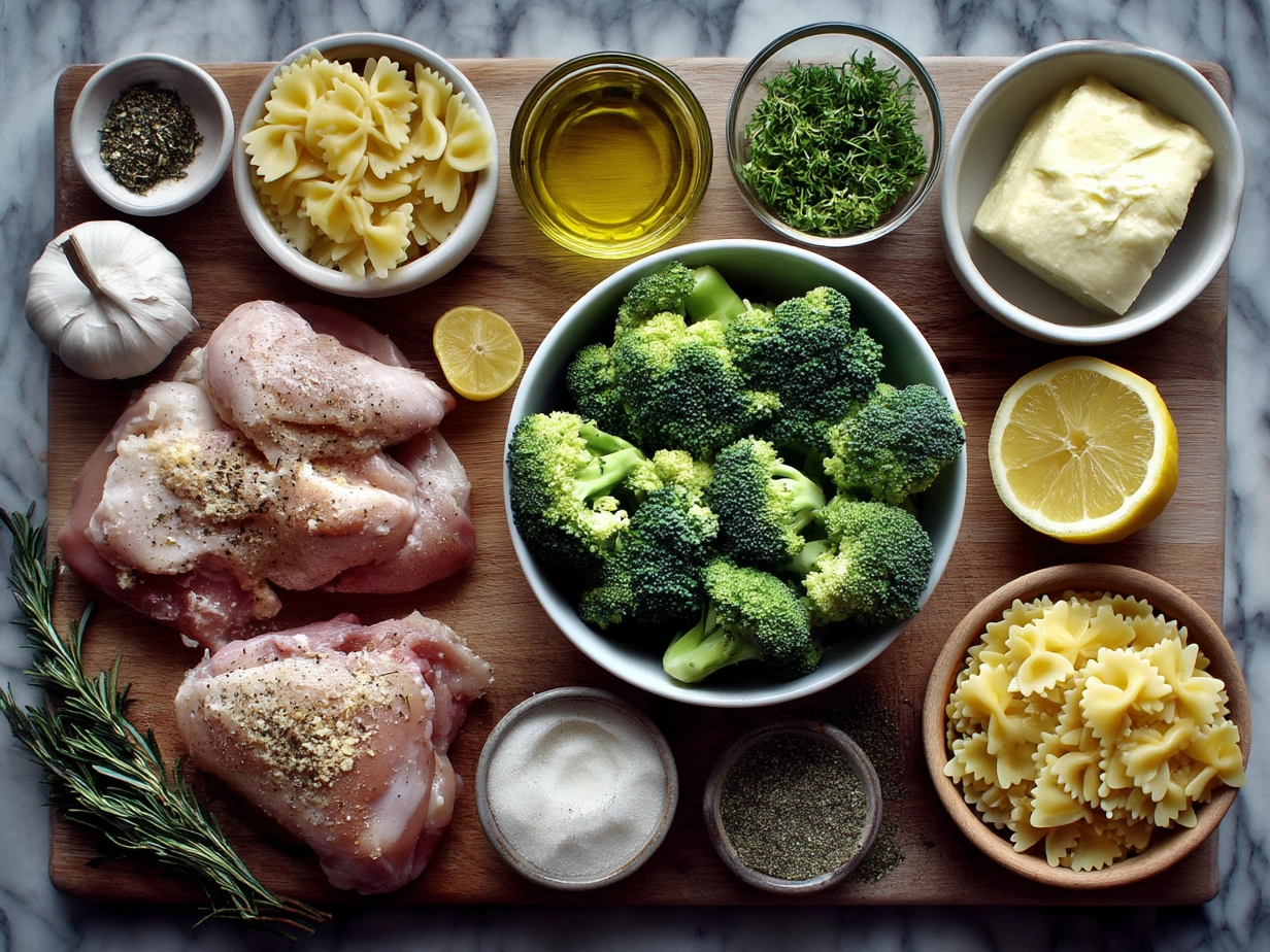 Raw ingredients for Cowboy Butter Lemon Bowtie Chicken with Broccoli laid out on a marble surface