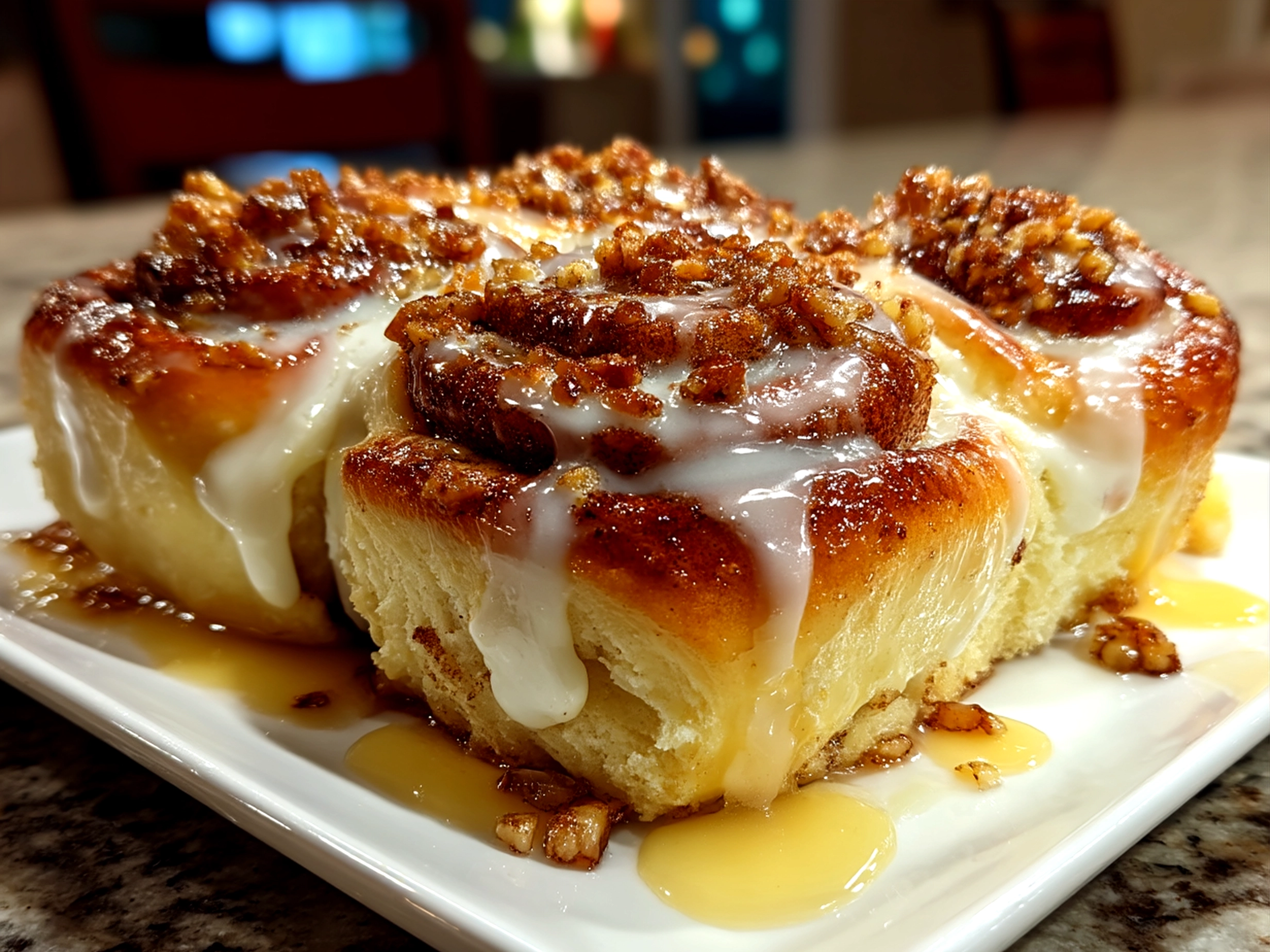 Freshly baked Tres Leches Cinnamon Rolls topped with sweet cream glaze ready to serve