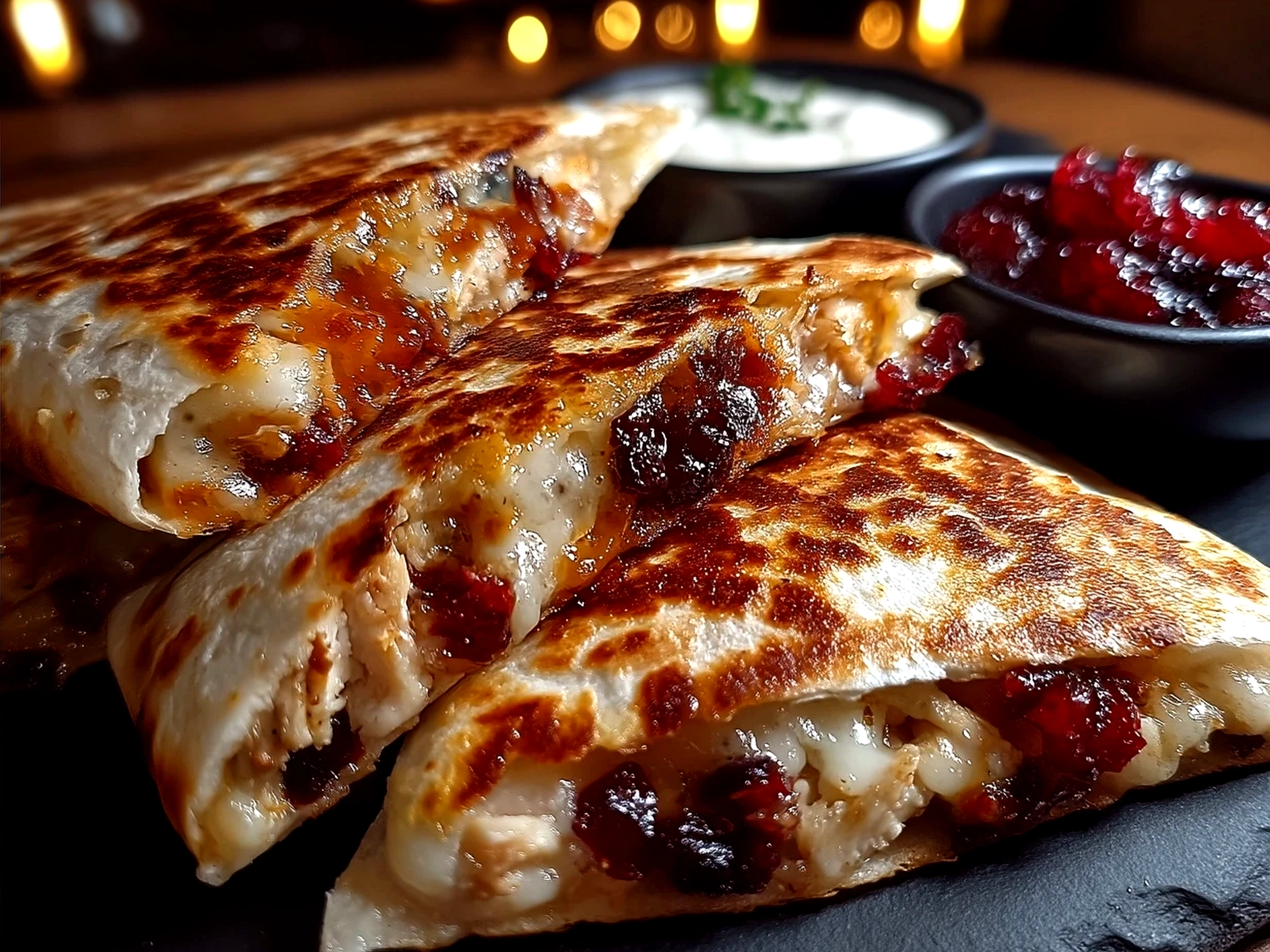 Serving Turkey Cranberry Quesadillas on a platter with garnish