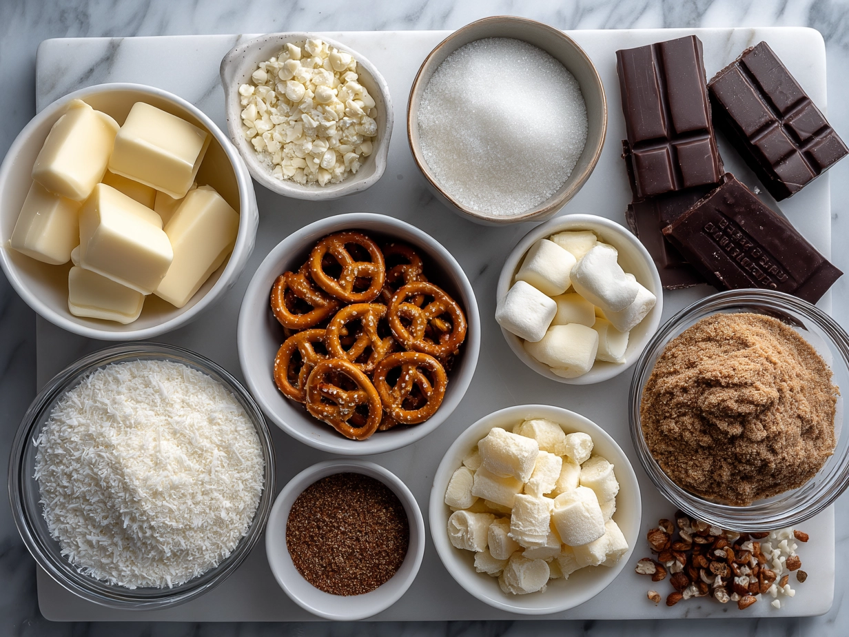 Ingredients for White Chocolate Pretzel Crockpot Candy including white chocolate, pretzels, peanut butter chips, butter, honey, vanilla, and salt
